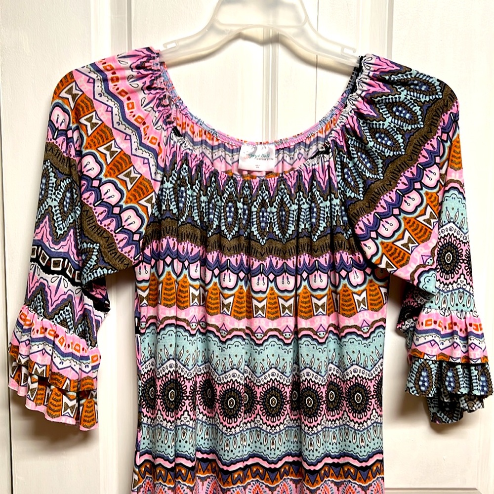 Joe’s Girls Multi Color Abstract Print Mid Double Ruffle Sleeve Dress Size 18 - Picture 2 of 7